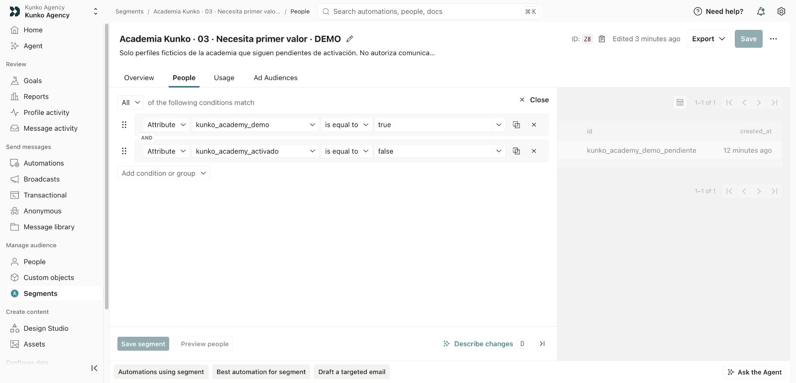 Editor de condiciones de un segmento de demostración