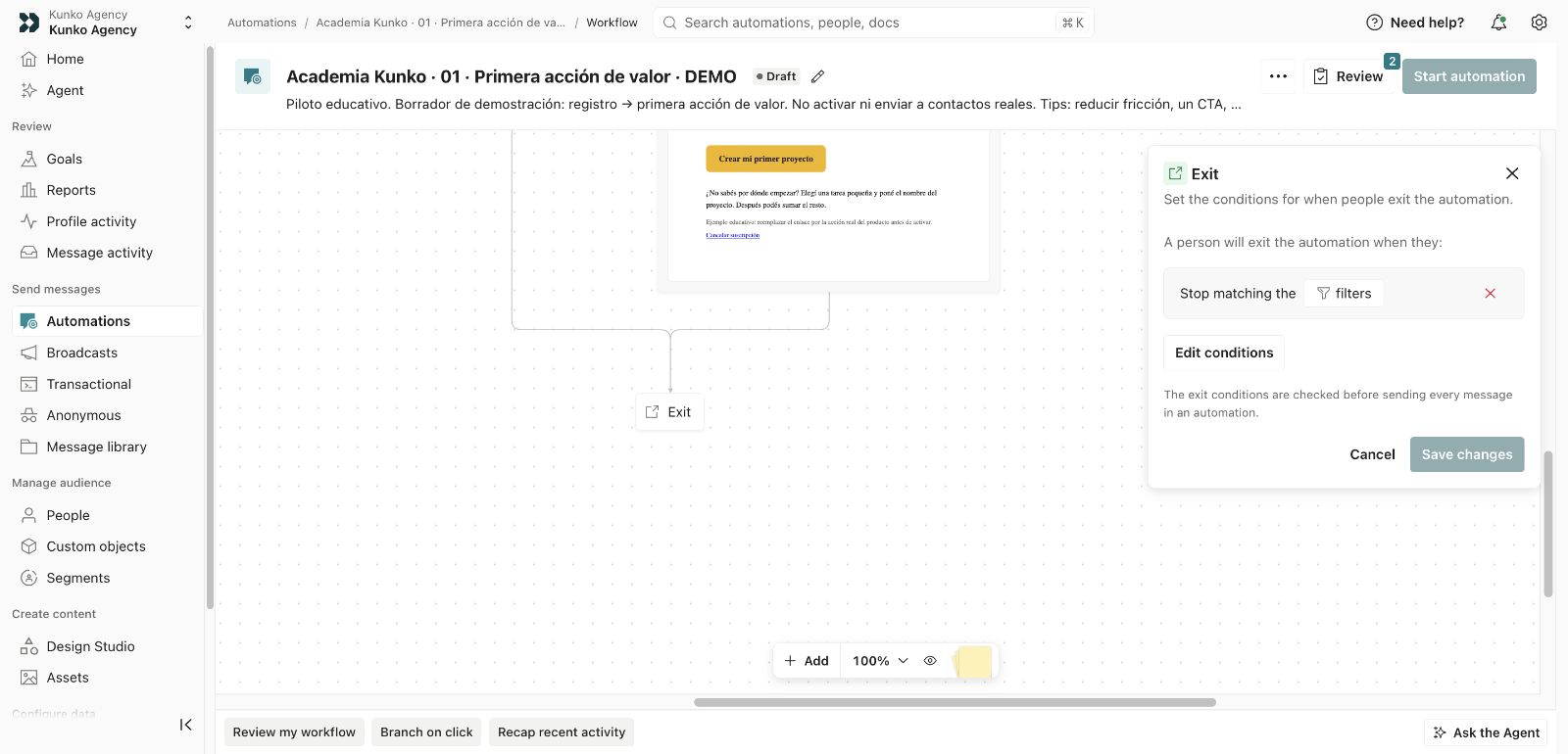 Configuración real de reglas de salida de una automation
