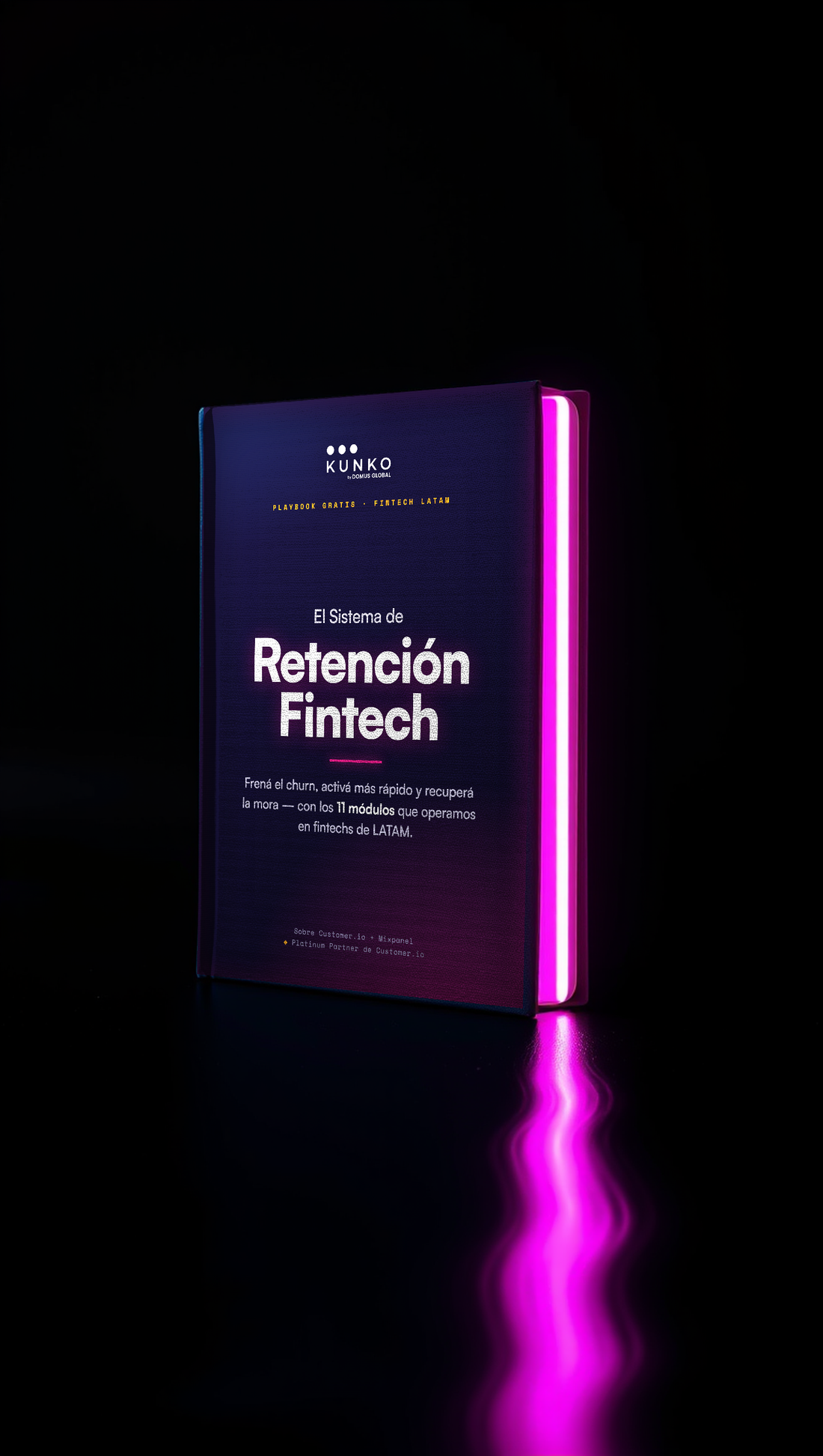 El playbook El Sistema de Retención Fintech de Kunko: libro navy con luz de borde magenta
