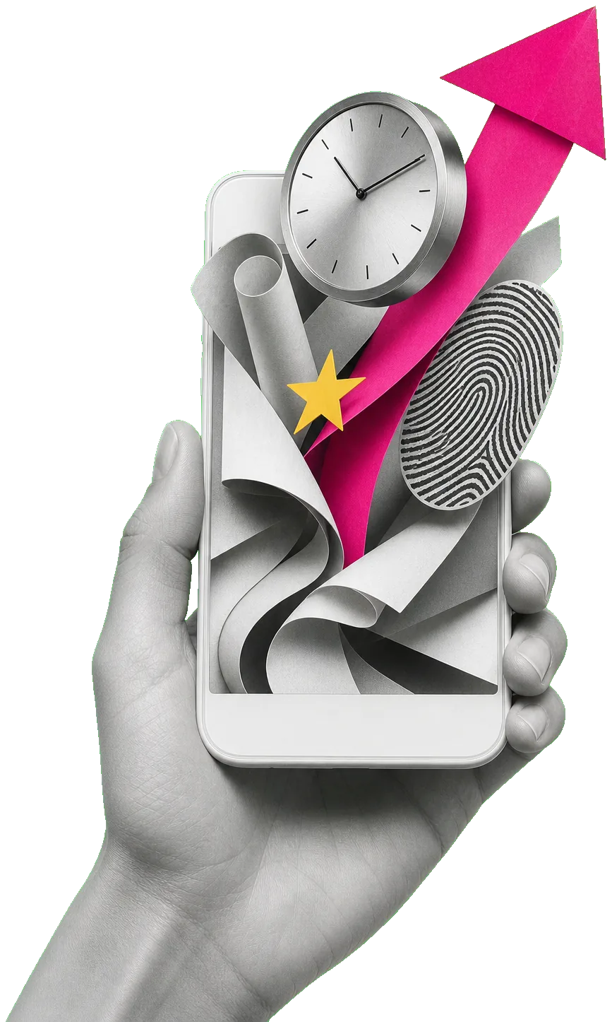 Collage: una mano sostiene un teléfono del que salen un reloj, una flecha y una huella digital