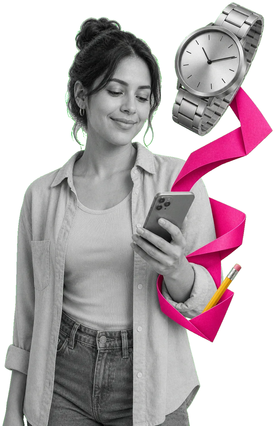 Collage: una persona con el teléfono y un reloj, sobre un camino de papel que asciende