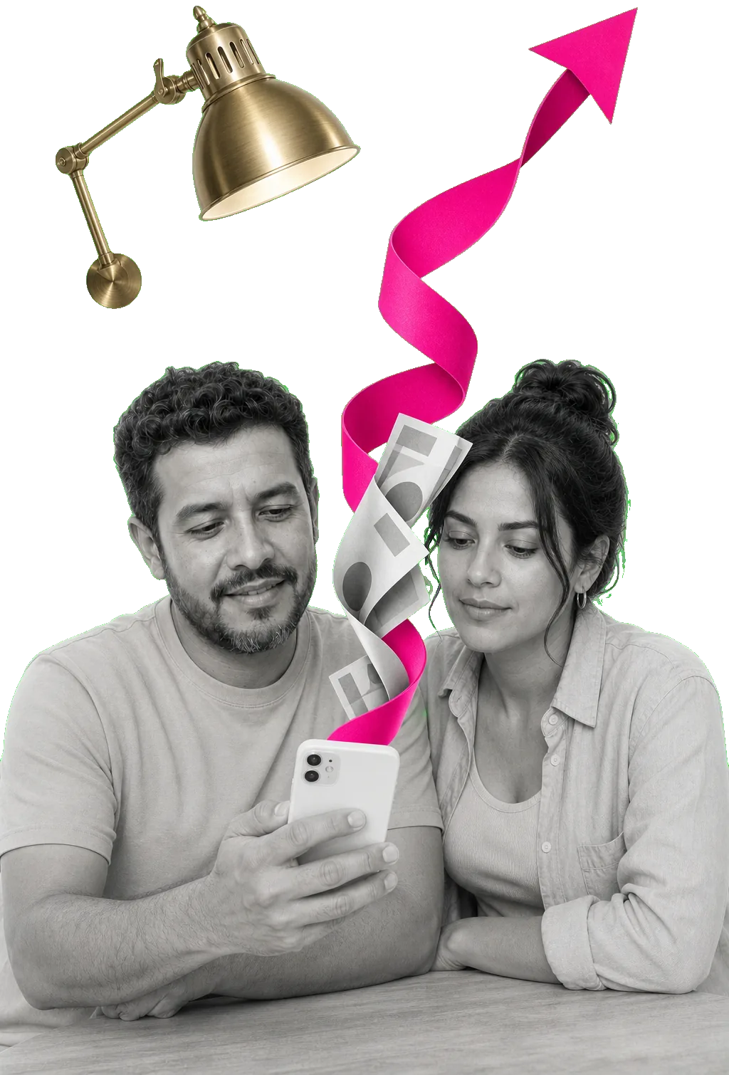 Collage: billetes ascendiendo desde un teléfono, con una lámpara encendida