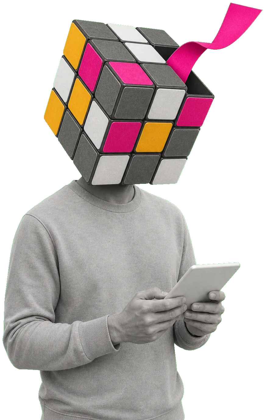 Collage: una cabeza con un cubo Rubik en lugar de rostro, del que sale una cinta de papel