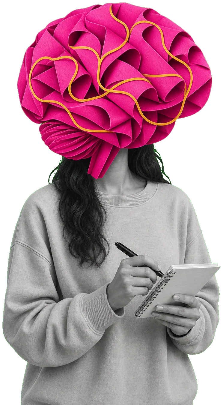 Collage: una cabeza con un cerebro de papel fucsia recorrido por líneas amarillas