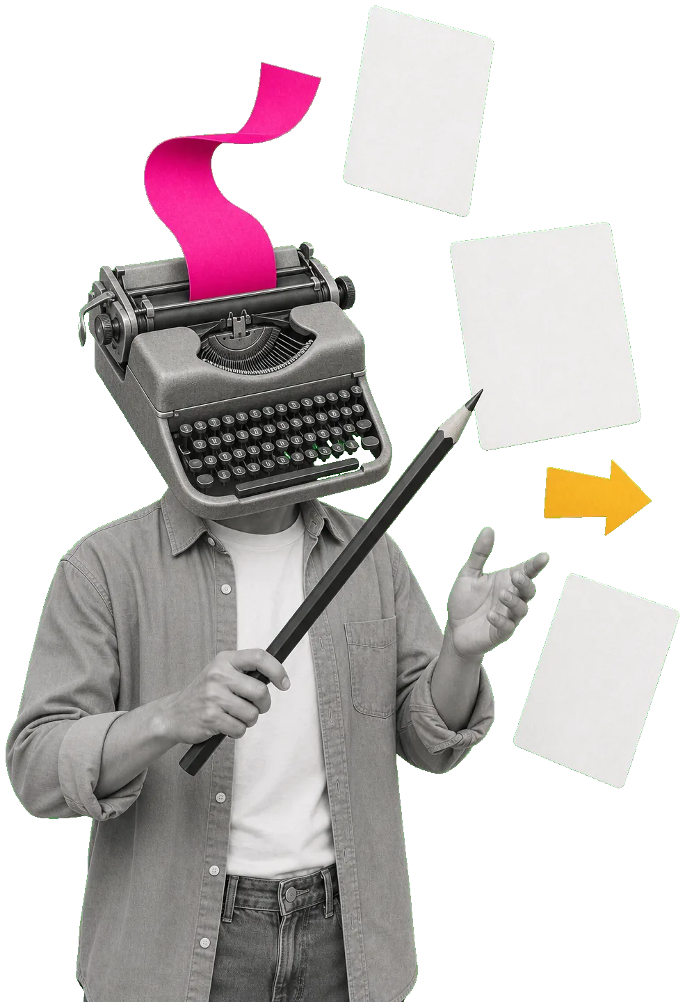 Collage: una persona con una máquina de escribir por cabeza, ordenando piezas de contenido