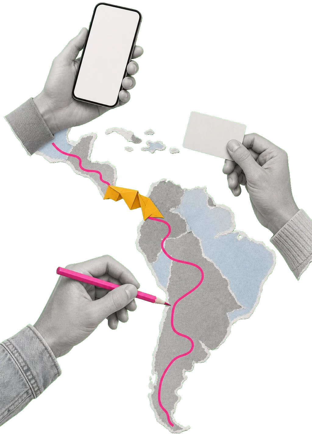 Collage: manos y rutas conectando un recorrido fintech regional sobre LATAM