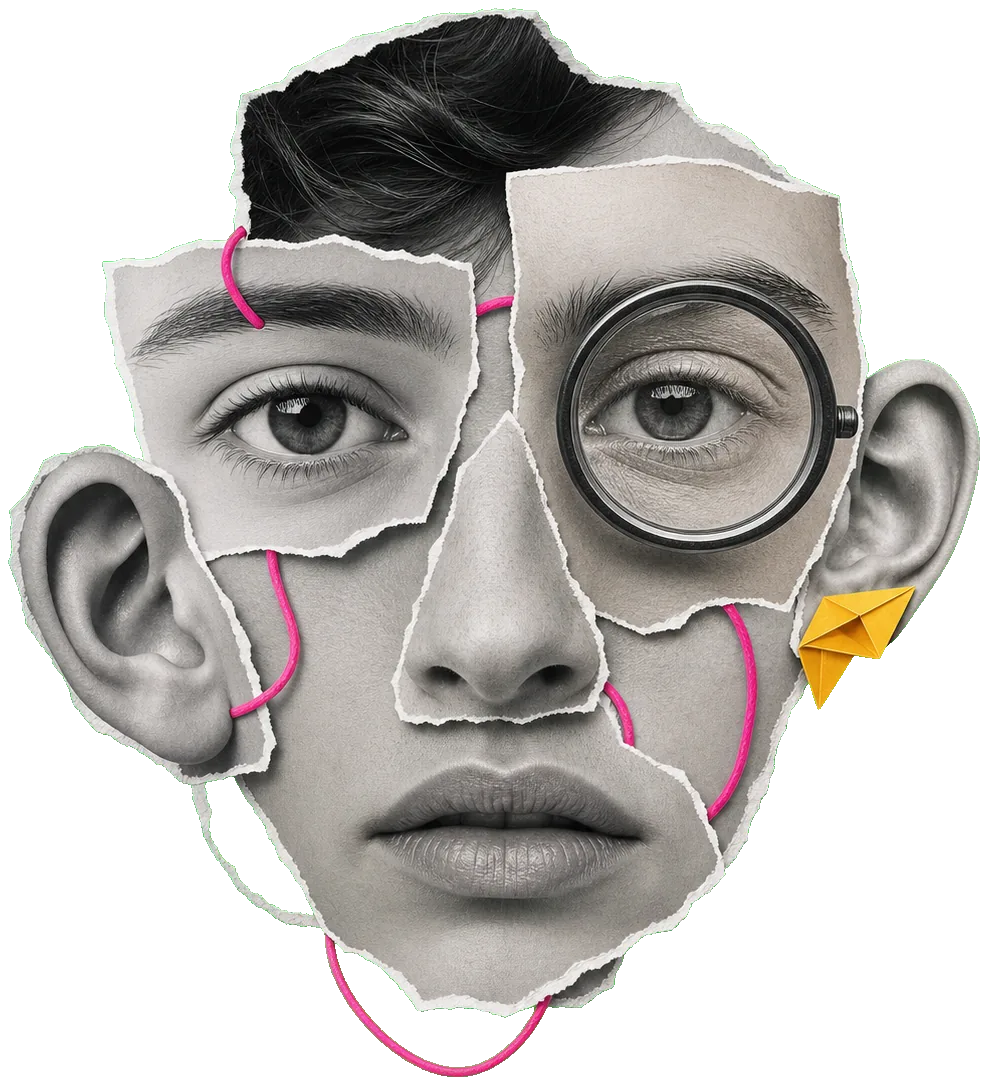 Collage: un rostro armado con fragmentos, recorrido por líneas fucsia