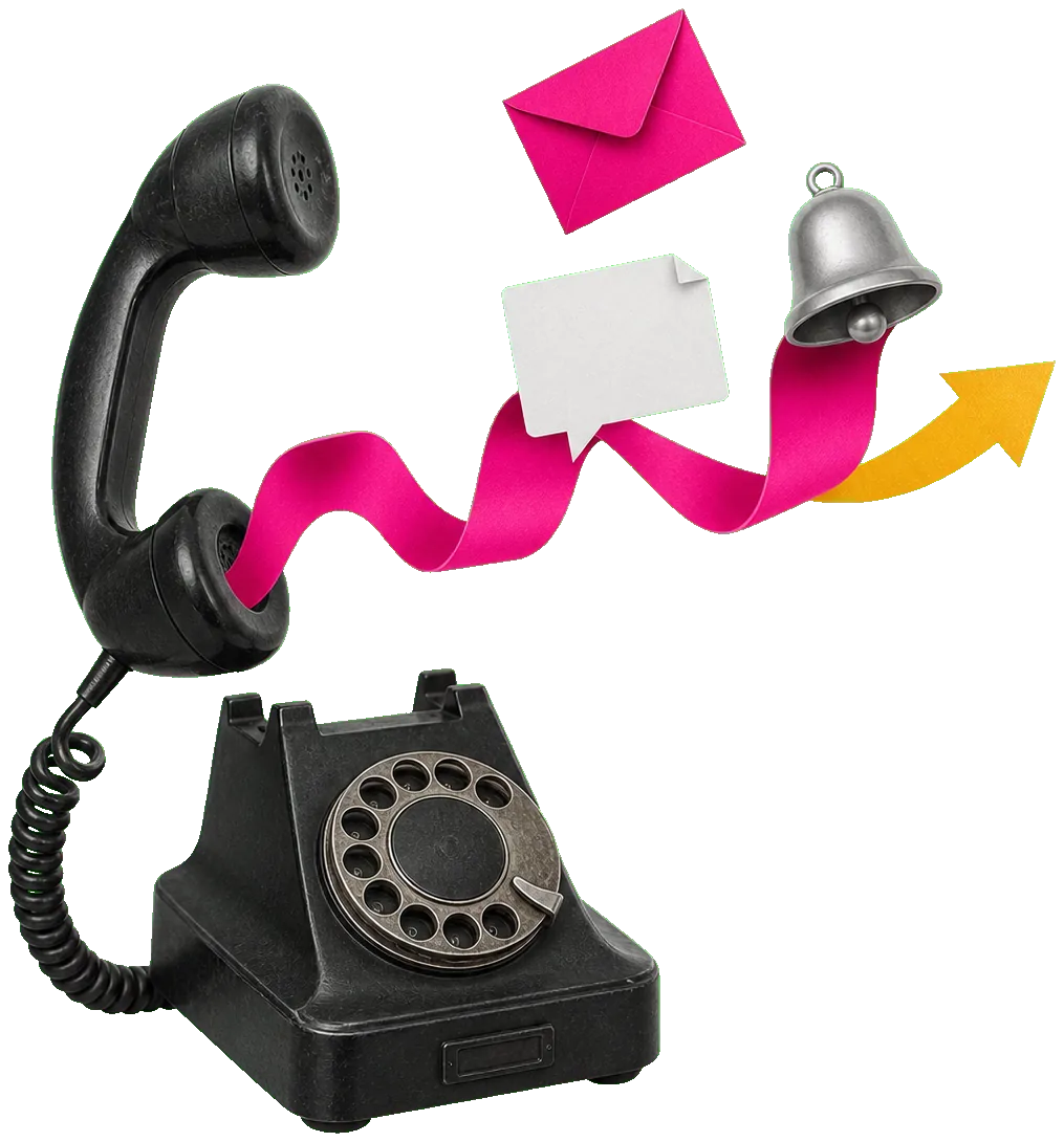 Collage: un teléfono analógico del que salen un sobre, un chat y una notificación